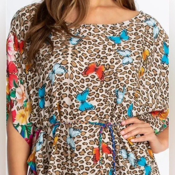 Johnny Was FLEUR KAFTAN DRESS WITH BRAIDED TIE leopard print with butterfly’s - Picture 4 of 14